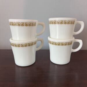 Vintage Pyrex Milk Glass Butterfly Gold D-Handle Coffee Tea Mugs Cups Set of 4